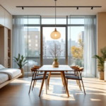 Helles modernes Wohn- und Esszimmer mit minimalistischer Holzverkleidung, integriertem Klappsofa, großem Esstisch und Stühlen vor bodentiefen Fenstern, Pflanzen und dekorativen Elementen, ein Beispiel für platzsparende Renovierungsideen.