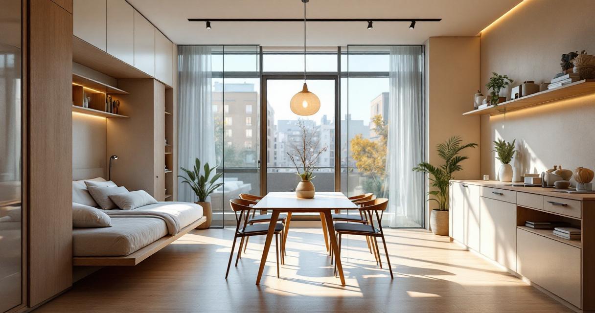 Helles modernes Wohn- und Esszimmer mit minimalistischer Holzverkleidung, integriertem Klappsofa, großem Esstisch und Stühlen vor bodentiefen Fenstern, Pflanzen und dekorativen Elementen, ein Beispiel für platzsparende Renovierungsideen.