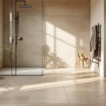 Modern gestaltetes Badezimmer mit großformatigen Fliesen in warmen Tönen, einer ebenerdigen Dusche mit Glasabtrennung sowie stilvollen Holzelementen und grünen Pflanzen, ein Beispiel für professionelle Fliesenverlegung Bäder.