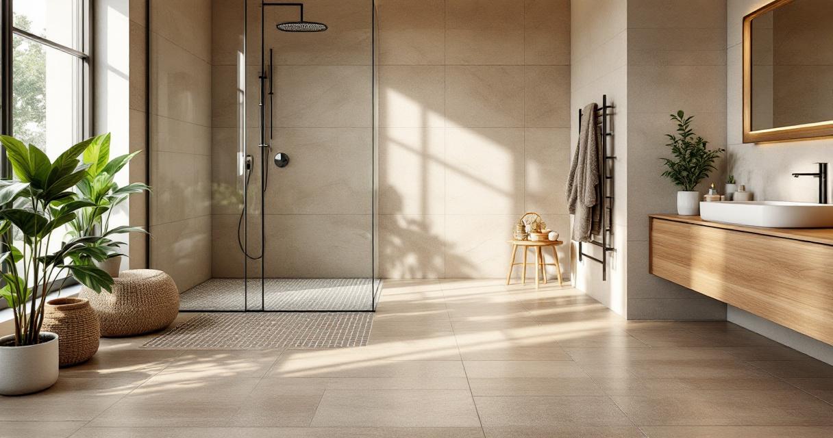 Modern gestaltetes Badezimmer mit großformatigen Fliesen in warmen Tönen, einer ebenerdigen Dusche mit Glasabtrennung sowie stilvollen Holzelementen und grünen Pflanzen, ein Beispiel für professionelle Fliesenverlegung Bäder.