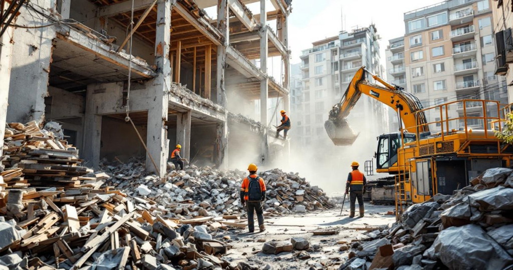 Baustelle mit umfangreichen Abbrucharbeiten an einem mehrstöckigen Gebäude unter Einsatz eines Baggers und mehreren Arbeitern, die die Trümmer beseitigen, im Hintergrund sind Wohnhäuser zu sehen, symbolisch für Professionelle Rückbau Services.