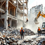 Baustelle mit umfangreichen Abbrucharbeiten an einem mehrstöckigen Gebäude unter Einsatz eines Baggers und mehreren Arbeitern, die die Trümmer beseitigen, im Hintergrund sind Wohnhäuser zu sehen, symbolisch für Professionelle Rückbau Services.