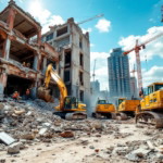 Großflächige Baustelle mit mehreren gelben Baggern und schweren Baumaschinen beim professionellen Abriss Altbau, umgeben von teilweise zerlegten Altbauten und Arbeitern in Schutzkleidung unter strahlend blauem Himmel.