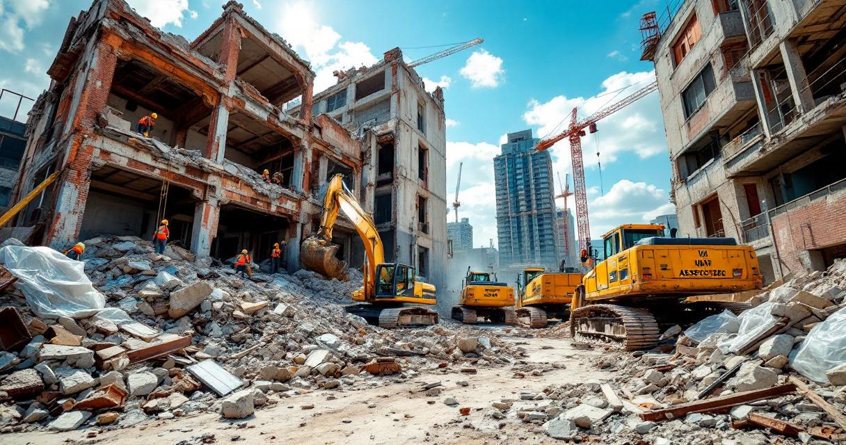 Großflächige Baustelle mit mehreren gelben Baggern und schweren Baumaschinen beim professionellen Abriss Altbau, umgeben von teilweise zerlegten Altbauten und Arbeitern in Schutzkleidung unter strahlend blauem Himmel.