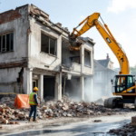 Bagger reißt ein altes Gebäude in städtischer Umgebung ab, umgeben von Arbeitern mit Schutzhelmen und Warnwesten, die das Gelände überwachen, professioneller Abriss Altbau.