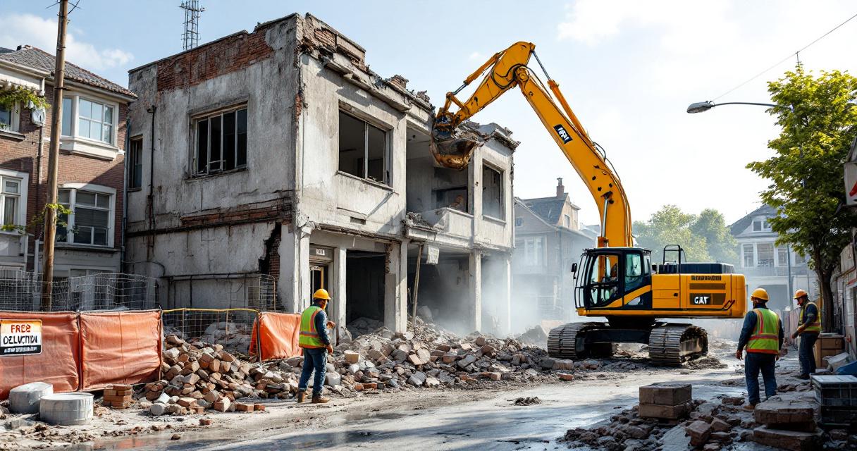 Bagger reißt ein altes Gebäude in städtischer Umgebung ab, umgeben von Arbeitern mit Schutzhelmen und Warnwesten, die das Gelände überwachen, professioneller Abriss Altbau.