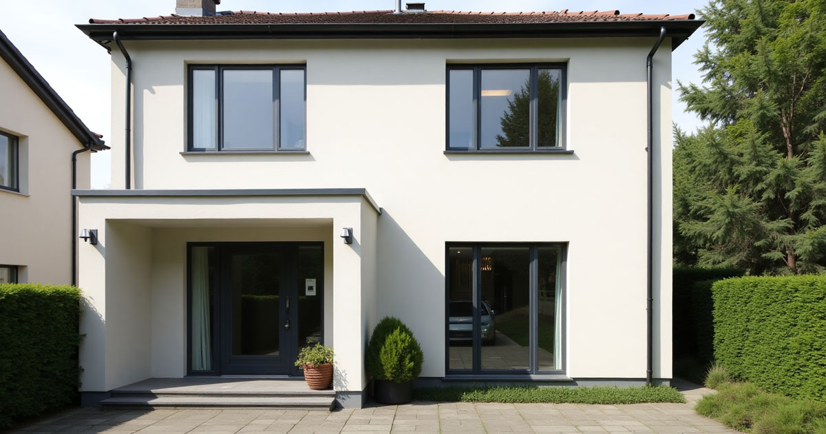 Projekt 372 zeigt ein modernes zweigeschossiges Einfamilienhaus mit heller Fassade und dunklen Fensterrahmen.