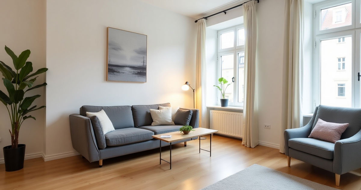 Projekt 373 zeigt ein helles Wohnzimmer mit großen Fenstern, grauem Sofa und minimalistischer Einrichtung.