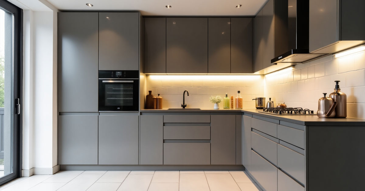 Projekt 374 zeigt eine modern Küche mit matten grauen Fronten und unterleuchteter Rückwand.