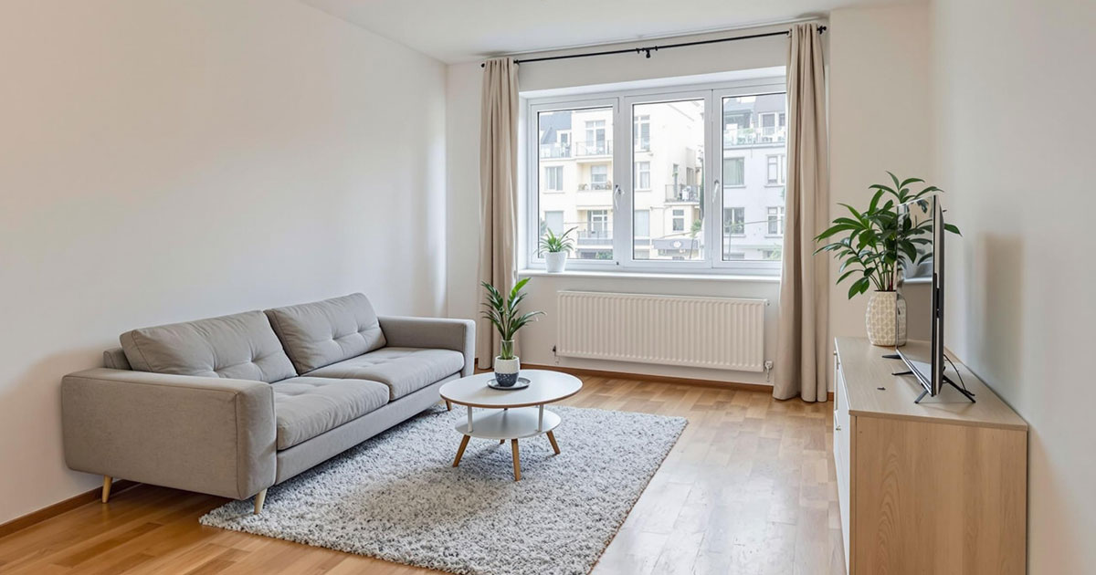 Projekt 377 zeigt ein modernes Wohnzimmer mit grauem Sofa, runder Tisch, Teppich und großen Fenstern.