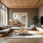 Modern eingerichtetes Wohnzimmer mit großen Fenstern, hellgrauem Sofa, Holzdeckenpaneelen und minimalistischer Möbelgestaltung, die durch dezente Farben und natürliche Materialien eine warme Atmosphäre schafft, ein Beispiel für hochwertigen Raumakustik Innenausbau.