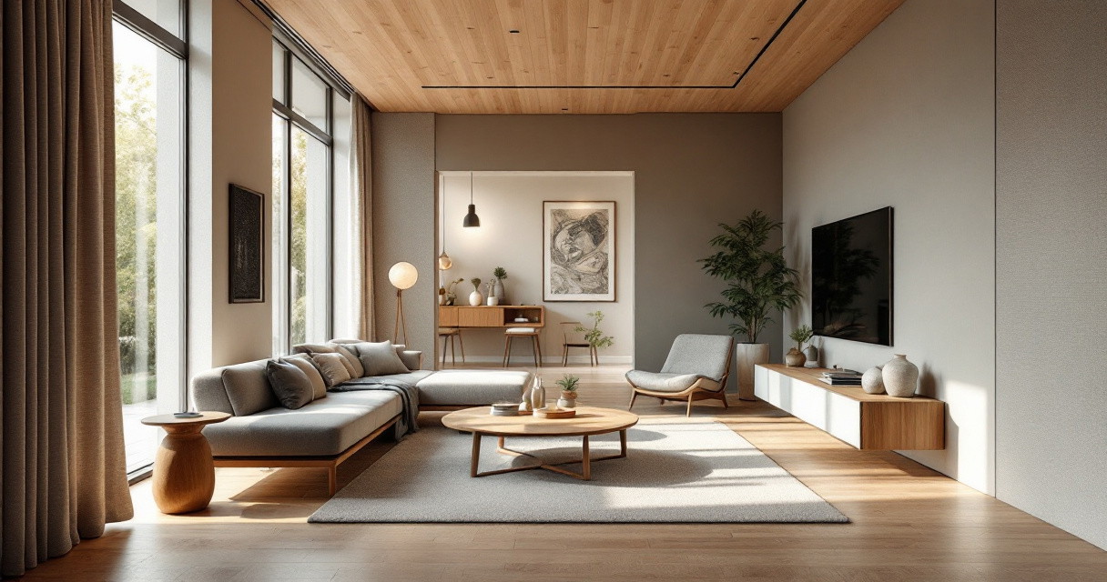 Modern eingerichtetes Wohnzimmer mit großen Fenstern, hellgrauem Sofa, Holzdeckenpaneelen und minimalistischer Möbelgestaltung, die durch dezente Farben und natürliche Materialien eine warme Atmosphäre schafft, ein Beispiel für hochwertigen Raumakustik Innenausbau.