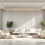 Helles, modern eingerichtetes Wohnzimmer mit großen Glasfenstern, das mit weichen, hellen Möbeln und Teppich für eine perfekte Raumakustik Optimierung gestaltet ist.