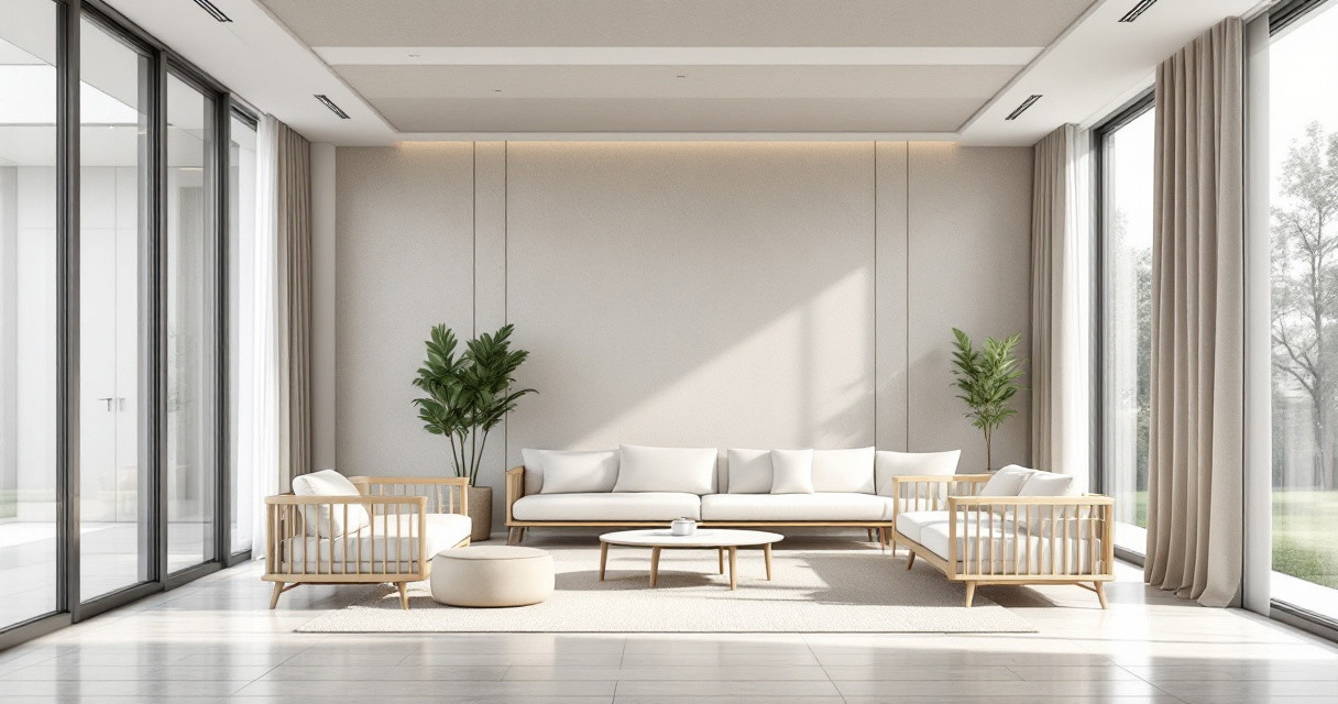 Helles, modern eingerichtetes Wohnzimmer mit großen Glasfenstern, das mit weichen, hellen Möbeln und Teppich für eine perfekte Raumakustik Optimierung gestaltet ist.