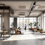 Modern gestalteter Büroraum mit großen Fenstern, offenen Sitzbereichen und einzelnen Arbeitsplätzen, ausgestattet mit Schallschutzpaneelen an der Decke zur Raumakustik Optimierung.