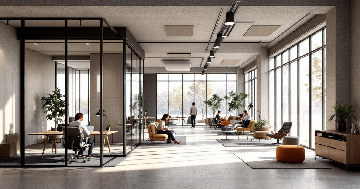 Modern gestalteter Büroraum mit großen Fenstern, offenen Sitzbereichen und einzelnen Arbeitsplätzen, ausgestattet mit Schallschutzpaneelen an der Decke zur Raumakustik Optimierung.