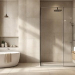 Modern gestaltetes Badezimmer mit freistehender Badewanne, großer begehbarer Glasdusche, hellem Holz-Waschbeckenunterschrank und stilvollen Recyclingfliesen Badrenovierung an Wand und Boden in beige Tönen.