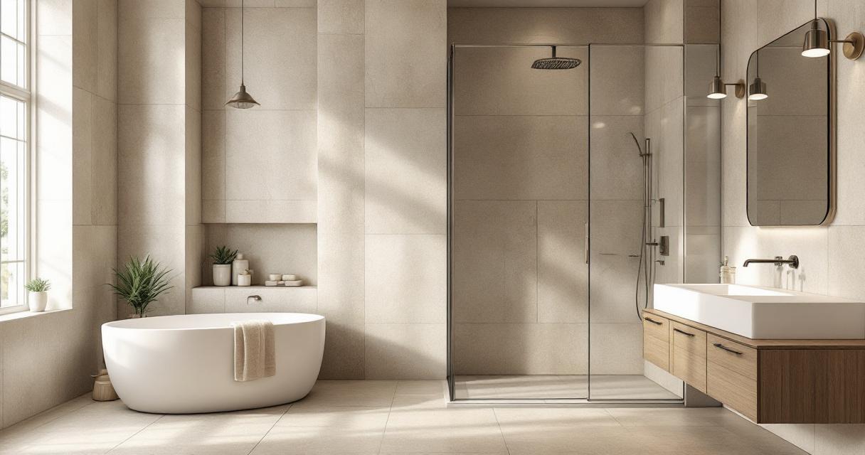 Modern gestaltetes Badezimmer mit freistehender Badewanne, großer begehbarer Glasdusche, hellem Holz-Waschbeckenunterschrank und stilvollen Recyclingfliesen Badrenovierung an Wand und Boden in beige Tönen.