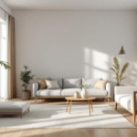 Helles, minimalistisch eingerichtetes Wohnzimmer mit natürlichem Holz, bequemen Polstermöbeln und grünen Zimmerpflanzen, gestaltet für Renovieren für Allergiker.