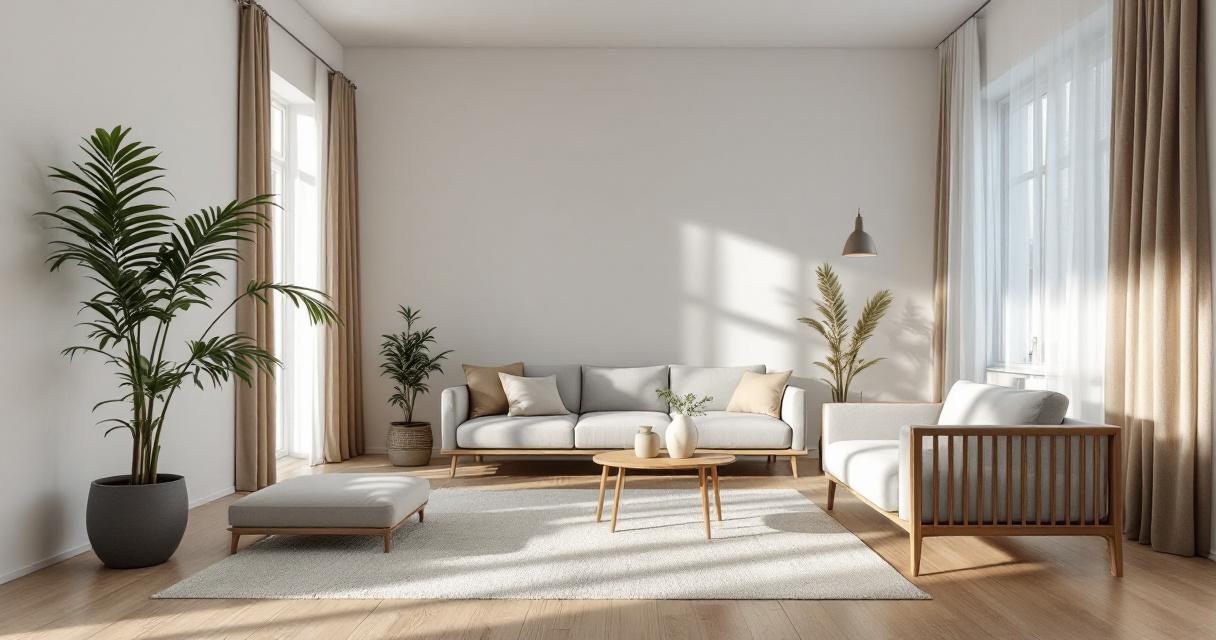 Helles, minimalistisch eingerichtetes Wohnzimmer mit natürlichem Holz, bequemen Polstermöbeln und grünen Zimmerpflanzen, gestaltet für Renovieren für Allergiker.