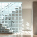 Helles, modernes Badezimmer mit Holzfußboden und Waschtisch neben einer Treppe, die durch eine Wand aus Glasbausteinen abgetrennt ist, ein Beispiel für Renovieren mit Glasbausteinen zur Verbindung von Licht und Raumgestaltung.