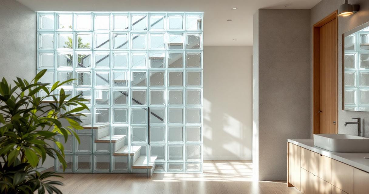 Helles, modernes Badezimmer mit Holzfußboden und Waschtisch neben einer Treppe, die durch eine Wand aus Glasbausteinen abgetrennt ist, ein Beispiel für Renovieren mit Glasbausteinen zur Verbindung von Licht und Raumgestaltung.