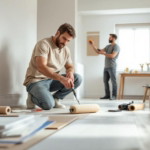 Zwei Männer renovieren ein helles Zimmer, einer bereitet sorgfältig eine Farbrolle vor, während der andere eine Wand mit Klebeband abklebt, Symbol für Renovieren mit Grenzen.