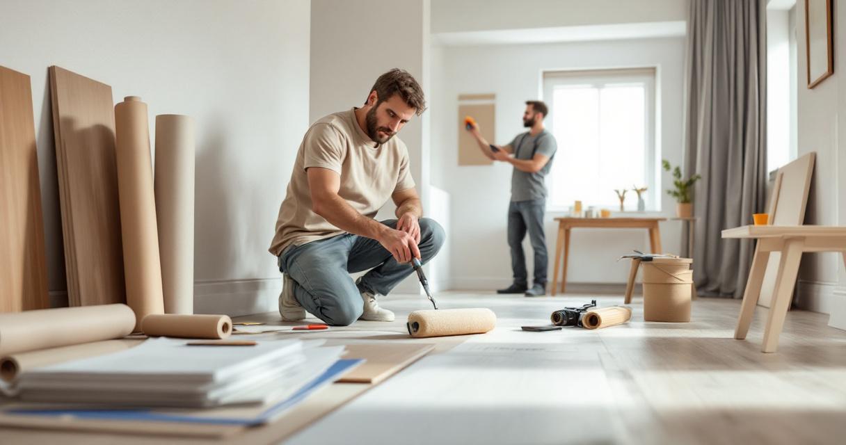 Zwei Männer renovieren ein helles Zimmer, einer bereitet sorgfältig eine Farbrolle vor, während der andere eine Wand mit Klebeband abklebt, Symbol für Renovieren mit Grenzen.