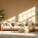 Helles Wohnzimmer mit natürlicher Einrichtung, cremefarbenem Sofa, Holzmöbeln und üppigen Zimmerpflanzen vor einer Wand in warmem Erdfarbton, exemplarisch für Renovieren mit Lehmputz.