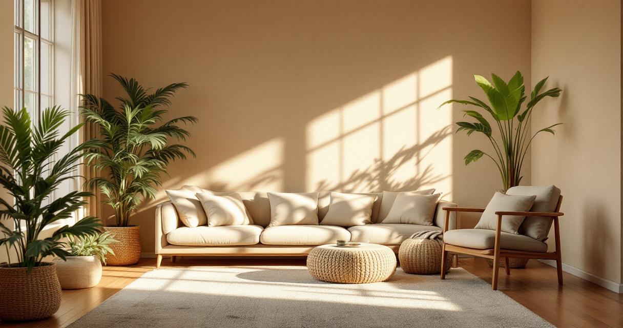 Helles Wohnzimmer mit natürlicher Einrichtung, cremefarbenem Sofa, Holzmöbeln und üppigen Zimmerpflanzen vor einer Wand in warmem Erdfarbton, exemplarisch für Renovieren mit Lehmputz.