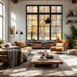 Hell eingerichtetes Wohnzimmer mit großen Fenstern, warmen Holzmöbeln und Pflanzen, die eine einladende Atmosphäre schaffen, Beispiel für Renovieren mit Recycling Materialien in einem stilvollen, nachhaltigen Interieur.