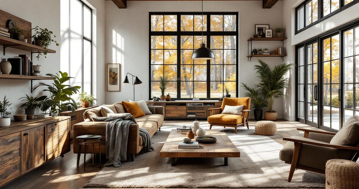 Hell eingerichtetes Wohnzimmer mit großen Fenstern, warmen Holzmöbeln und Pflanzen, die eine einladende Atmosphäre schaffen, Beispiel für Renovieren mit Recycling Materialien in einem stilvollen, nachhaltigen Interieur.