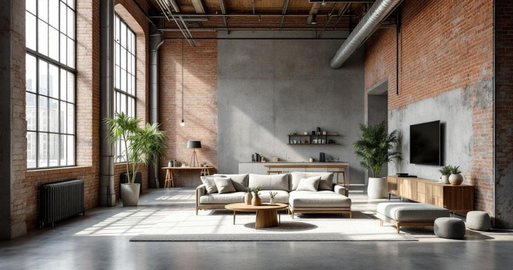 Großzügiges Wohnzimmer mit hohen Fenstern, freiliegenden Ziegelwänden und sichtbaren Rohrleitungen, modern möbliert mit hellgraßem Sofa, Holzmöbeln und Pflanzen, als Beispiel für eine Renovierung im Loft-Stil.