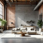 Großzügiges Wohnzimmer mit hohen Fenstern, freiliegenden Ziegelwänden und sichtbaren Rohrleitungen, modern möbliert mit hellgraßem Sofa, Holzmöbeln und Pflanzen, als Beispiel für eine Renovierung im Loft-Stil.