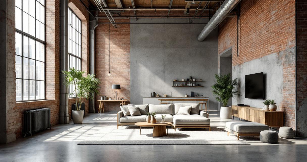 Großzügiges Wohnzimmer mit hohen Fenstern, freiliegenden Ziegelwänden und sichtbaren Rohrleitungen, modern möbliert mit hellgraßem Sofa, Holzmöbeln und Pflanzen, als Beispiel für eine Renovierung im Loft-Stil.
