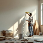 Handwerker misst eine Wand aus in einem hellen Raum mit vielen Holzteilen und Werkzeugen als Teil der Renovierung Mietwohnungen.