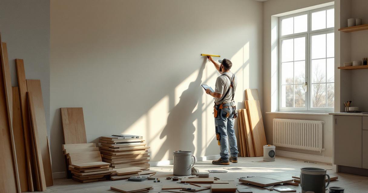 Handwerker misst eine Wand aus in einem hellen Raum mit vielen Holzteilen und Werkzeugen als Teil der Renovierung Mietwohnungen.