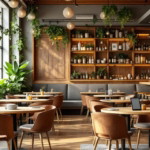 Helles, modern eingerichtetes Restaurant mit Holzmöbeln, zahlreichen Pflanzen und gemütlicher Atmosphäre, Beispiel für erfolgreiche Renovierung von Restaurants.