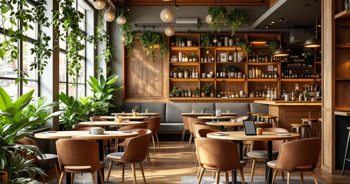 Helles, modern eingerichtetes Restaurant mit Holzmöbeln, zahlreichen Pflanzen und gemütlicher Atmosphäre, Beispiel für erfolgreiche Renovierung von Restaurants.
