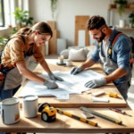 Zwei Handwerker besprechen Baupläne auf einem Tisch mit Werkzeugen und Farbdosen im hellen Raum, um Renovierungsfehler vermeiden zu können.