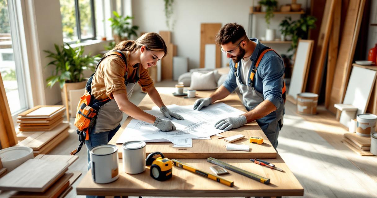 Zwei Handwerker besprechen Baupläne auf einem Tisch mit Werkzeugen und Farbdosen im hellen Raum, um Renovierungsfehler vermeiden zu können.