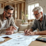 Zwei Männer besprechen bei einer Renovierung gemeinsam Pläne und Skizzen an einem Tisch in einem hellen, modernen Raum, um Renovierungspannen Fehler vermeiden zu können.
