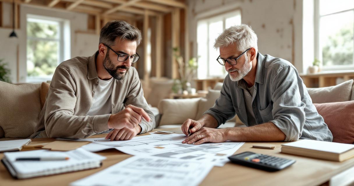 Zwei Männer besprechen bei einer Renovierung gemeinsam Pläne und Skizzen an einem Tisch in einem hellen, modernen Raum, um Renovierungspannen Fehler vermeiden zu können.