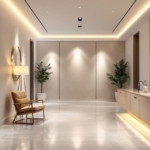 Moderner und eleganter Flur mit warmen LED-Lichtern, stilvollem Holz-Sideboard, bequemen Sessel und grünen Pflanzen als Renovierungsprojekte für Feiertage.