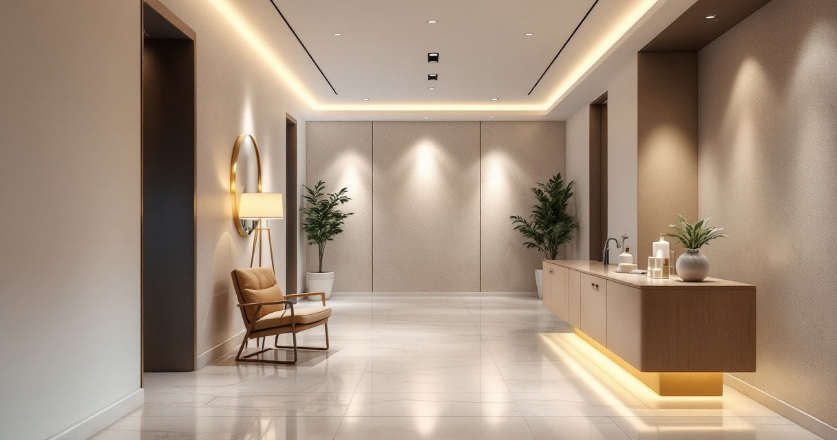 Moderner und eleganter Flur mit warmen LED-Lichtern, stilvollem Holz-Sideboard, bequemen Sessel und grünen Pflanzen als Renovierungsprojekte für Feiertage.