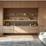 Moderne Wohnküche mit hellen Holzelementen, offenen Regalen und integrierter Beleuchtung kombiniert mit minimalistischer Einrichtung und natürlichen Akzenten als Beispiel für Renovierungstrends 2025.