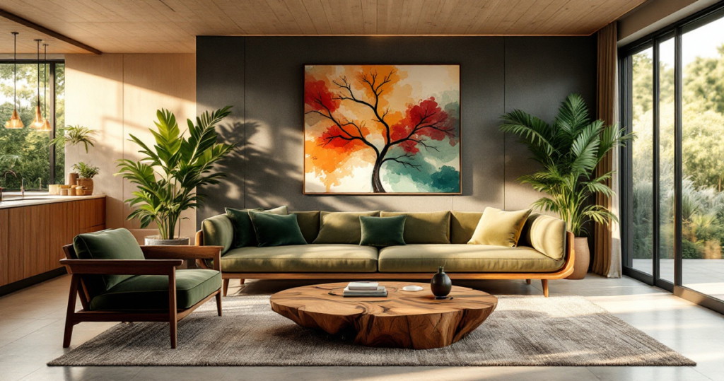 Ein modernes Wohnzimmer mit einer stilvollen, grünen Couch und einem rustikalen Couchtisch aus Holz. An der Wand hängt ein beeindruckendes Gemälde eines Baumes, das in warmen Farben gehalten ist. Große Fenster lassen viel Tageslicht herein und bieten einen Blick auf die grüne Umgebung. Pflanzen verleihen dem Raum ein frisches Ambiente. Dieses Bild verkörpert die Renovierungstrends 2025.