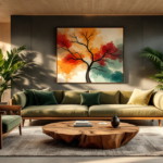 Ein modernes Wohnzimmer mit einer stilvollen, grünen Couch und einem rustikalen Couchtisch aus Holz. An der Wand hängt ein beeindruckendes Gemälde eines Baumes, das in warmen Farben gehalten ist. Große Fenster lassen viel Tageslicht herein und bieten einen Blick auf die grüne Umgebung. Pflanzen verleihen dem Raum ein frisches Ambiente. Dieses Bild verkörpert die Renovierungstrends 2025.