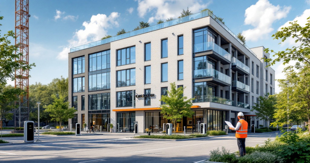 Moderner Bürokomplex mit großflächigen Fenstern und mehreren E-Ladestationen im Vordergrund, ein Bauarbeiter mit Helm und Warnweste prüft Pläne vor dem Gebäude, umgeben von Bäumen und Grünflächen, symbolisiert die Einhaltung der Richtlinien Vorschriften Gewerberäume bei der Gestaltung und Nutzung moderner Arbeitsumfelder.