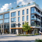 Moderner Bürokomplex mit großflächigen Fenstern und mehreren E-Ladestationen im Vordergrund, ein Bauarbeiter mit Helm und Warnweste prüft Pläne vor dem Gebäude, umgeben von Bäumen und Grünflächen, symbolisiert die Einhaltung der Richtlinien Vorschriften Gewerberäume bei der Gestaltung und Nutzung moderner Arbeitsumfelder.